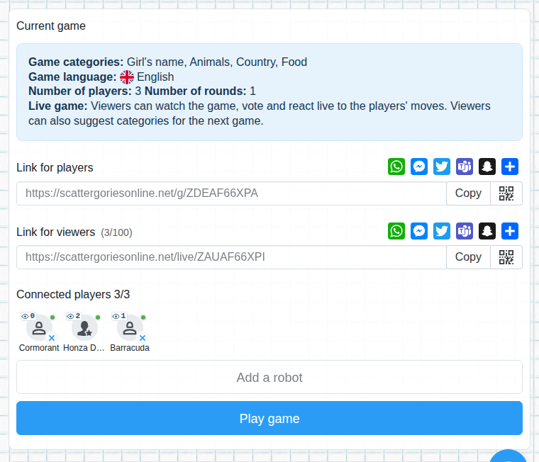 Lobby with the link for viewers